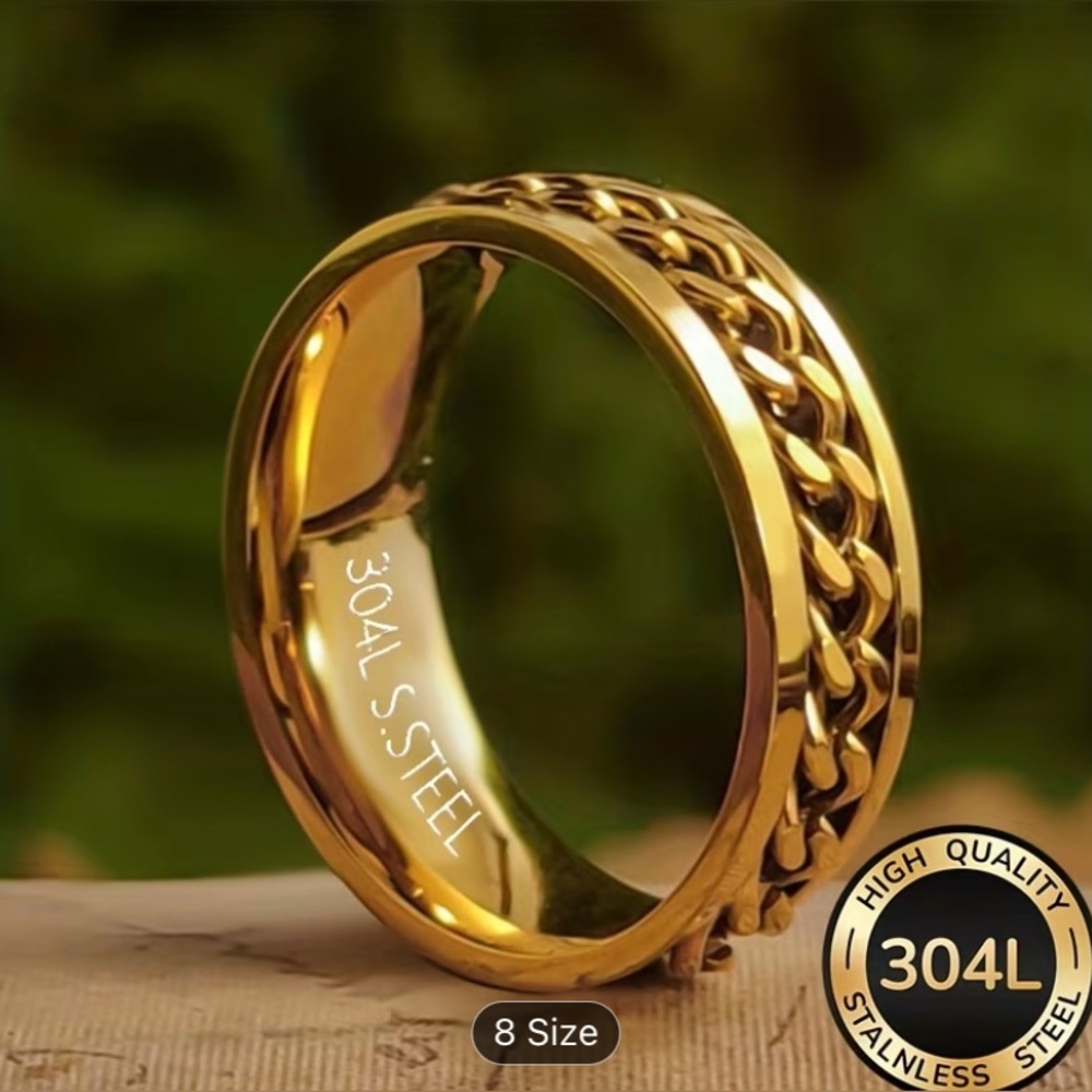 Mens 18k Gold plated  Stainless Steel Chain-Detail Band Ring size 8